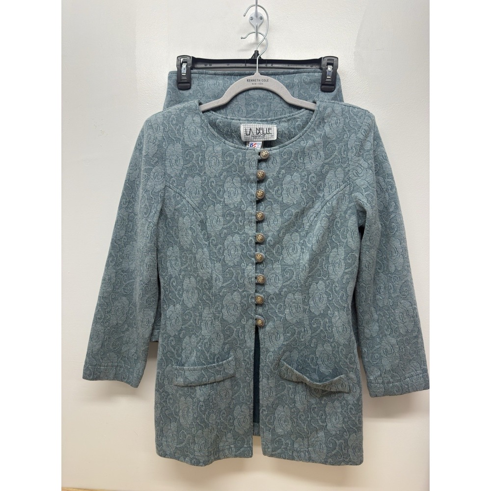 Vintage 80s La Belle Set Sage Green Floral Knit Jacket Size 11 Skirt‎ Size 7 #4